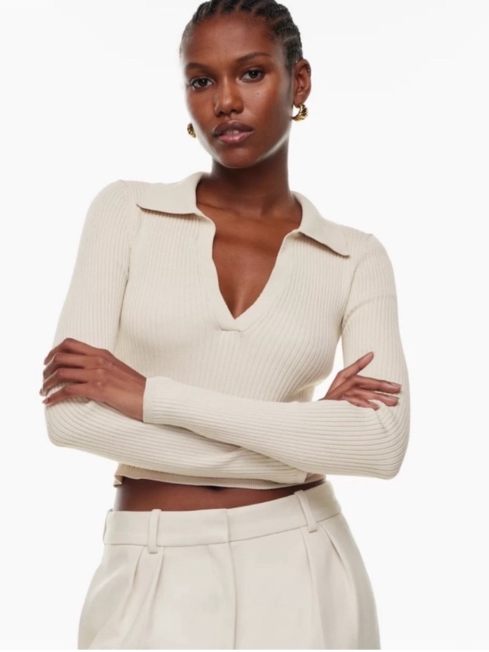 Aritzia Babaton Sculpt Knit Long Sleeve Polo Beige Taupe S